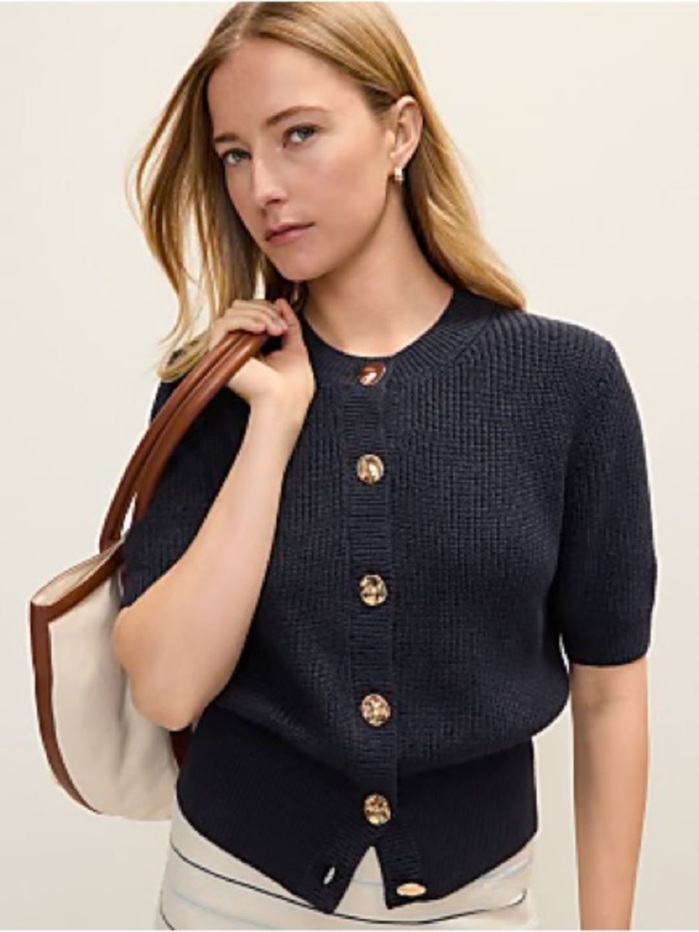 Short-Sleeve Button Front Knit Sweater